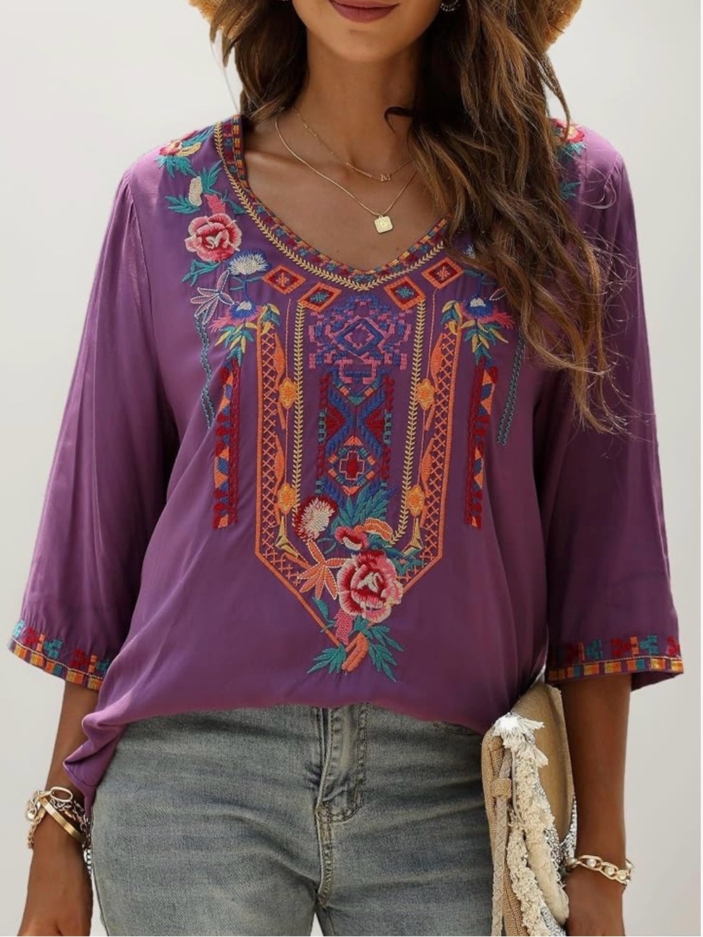 Vakakado Boho Embroidered Rose V-Neck Tunic Top - Purple Hippie Stylish Size S